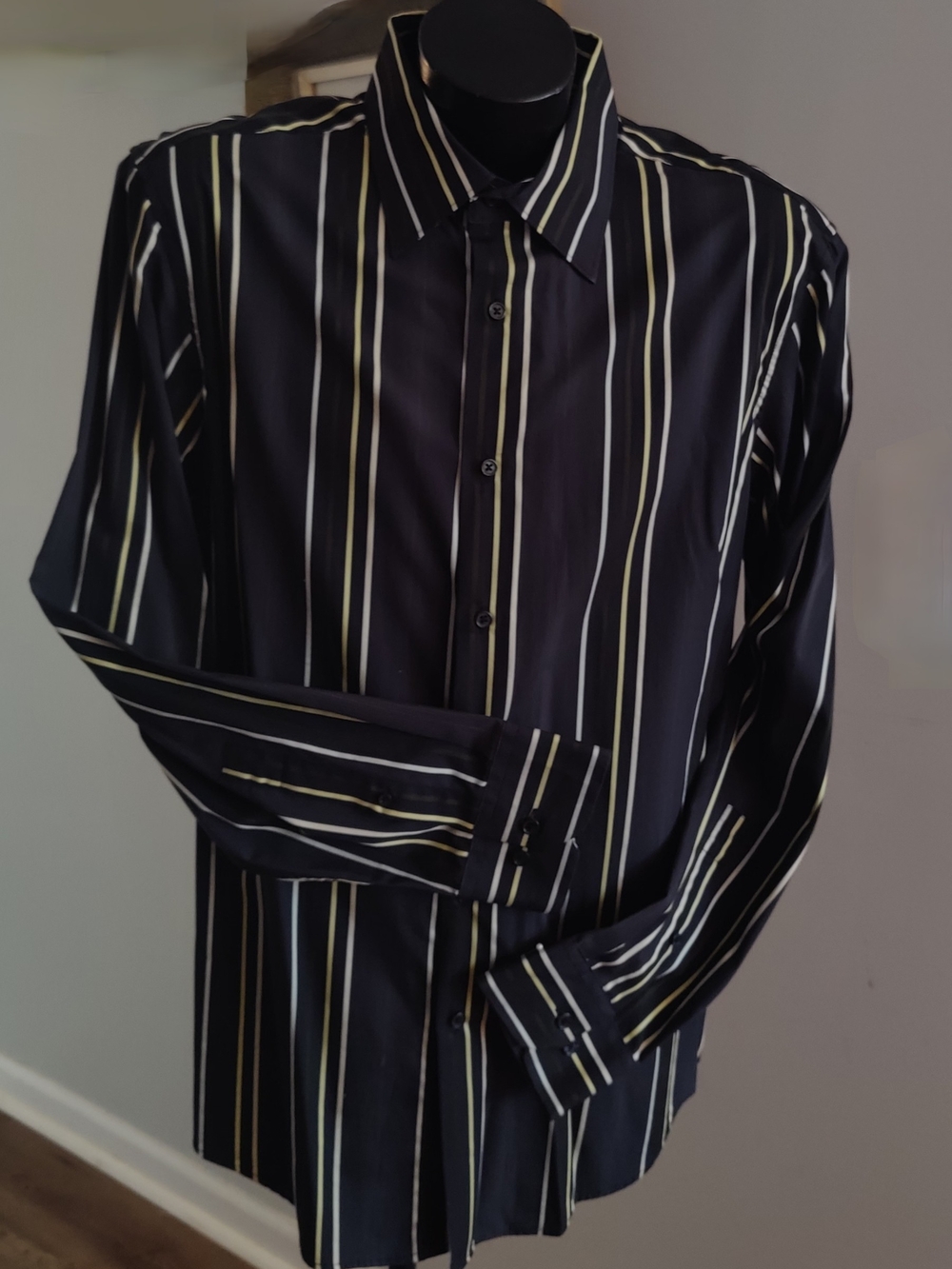 INC L Black Mens Dress Shirt with Yellow & White Stripes 17-17.5 Sz XL EUC